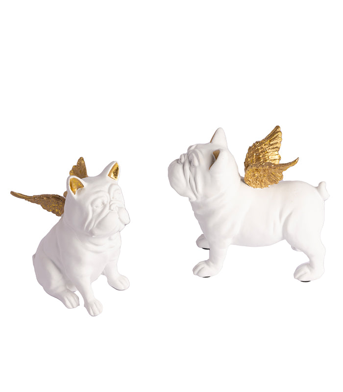 Bull Dog Angel Sculpture Set - White