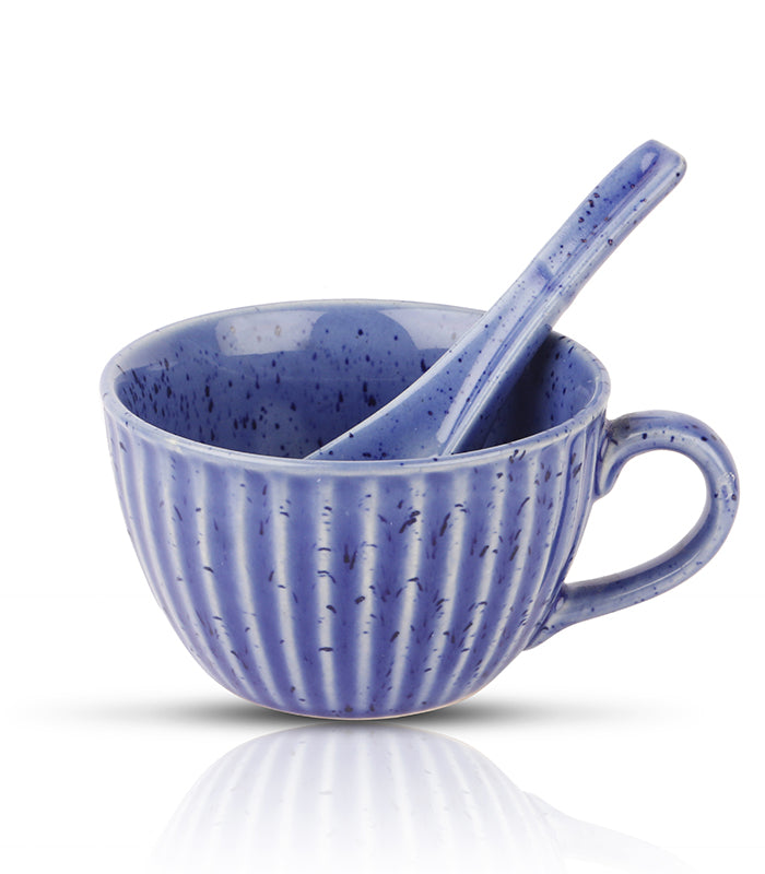 Blue Ribbed Soup Mugs - Set Of 2