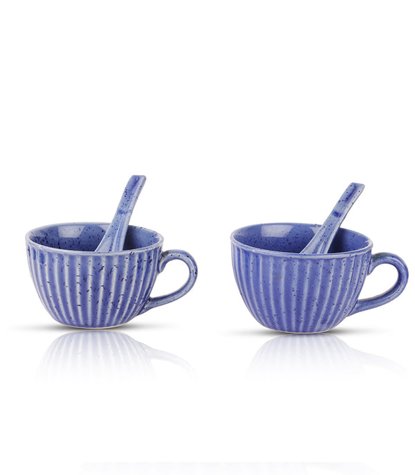 Blue Ribbed Soup Mugs - Set Of 2